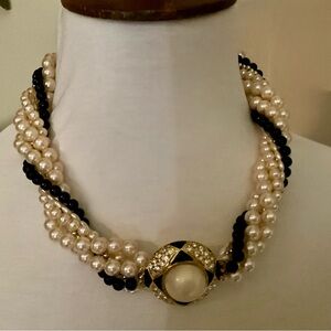 Elegant Faux Pearl Sparkly Stone and Black Beaded Necklace Retro Torsade